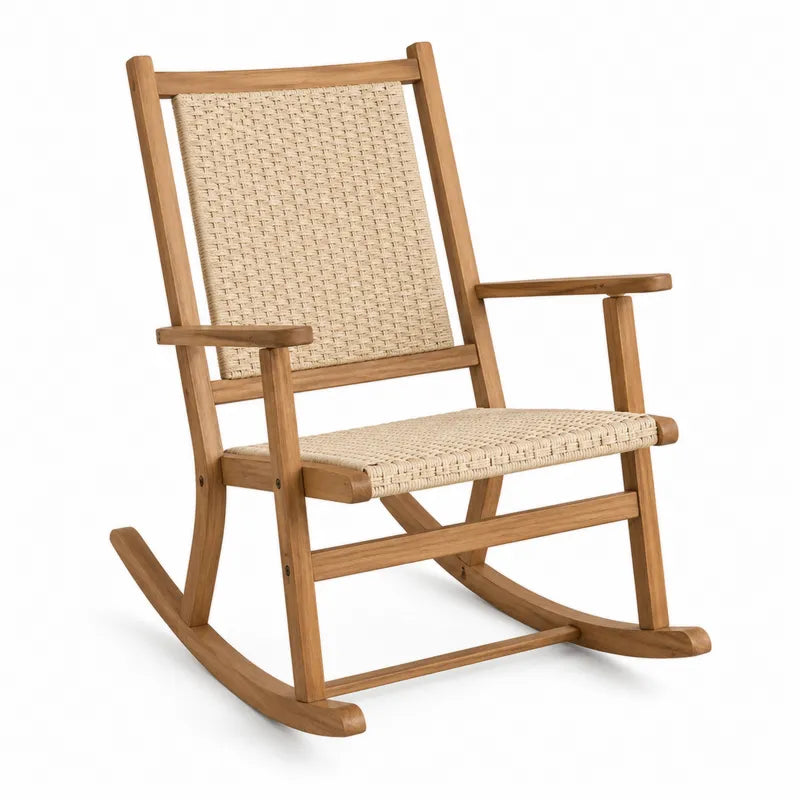 Fotel bujany drewniany z technorattanem beżowy 90cm