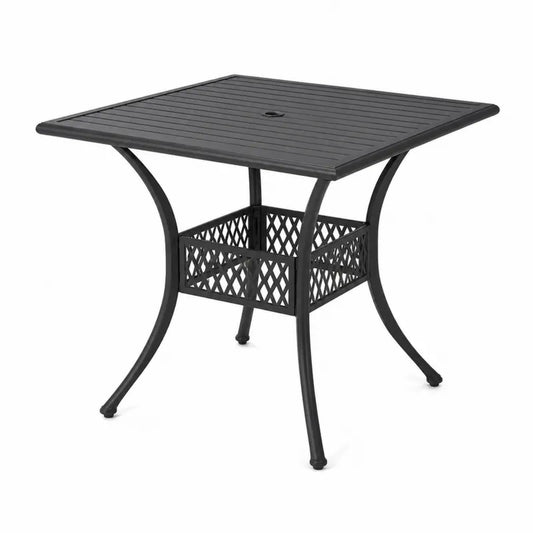 Czarny kwadratowy stół aluminiowy z otworem na parasol 90x90 cm