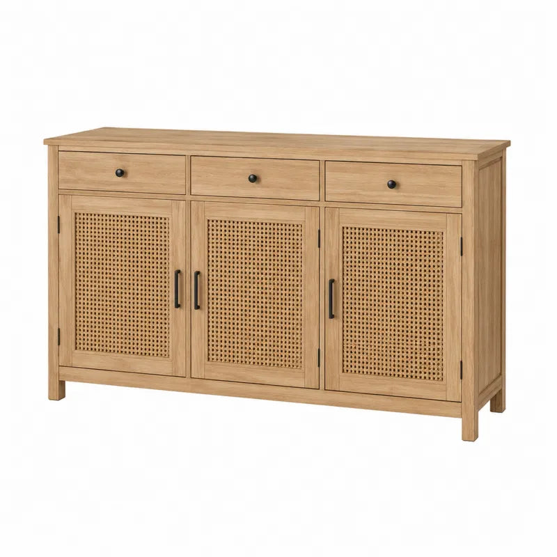 Komoda z drewna dębowego z trzema szufladami i drzwiami z plecionką rattanową 140cm