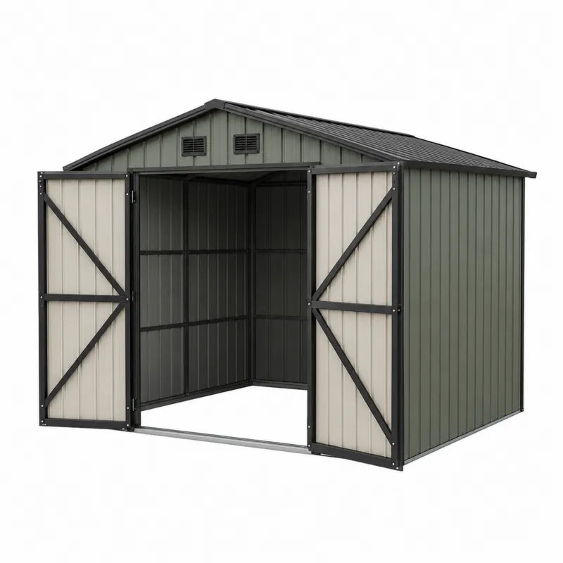 Metalowy szop ogrodowy ze stali z podwójnymi drzwiami 240x180x205 cm zielono-kremowy