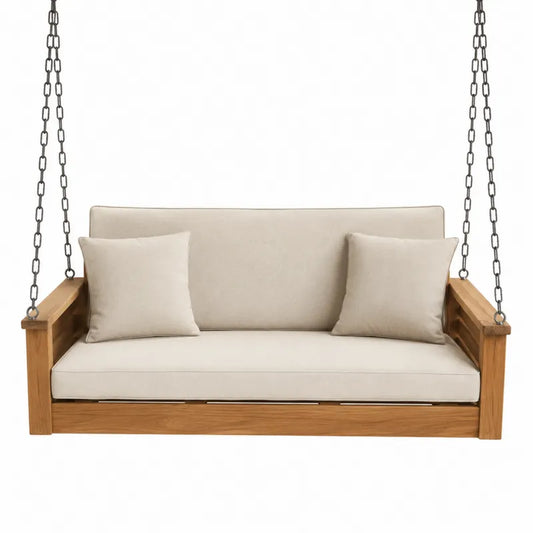 Drewniana sofa huśtawka z poduszkami i łańcuchami 150 cm