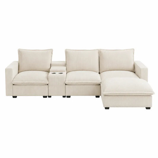 Sofa narożna modułowa sztruks beżowy z uchwytami na kubki